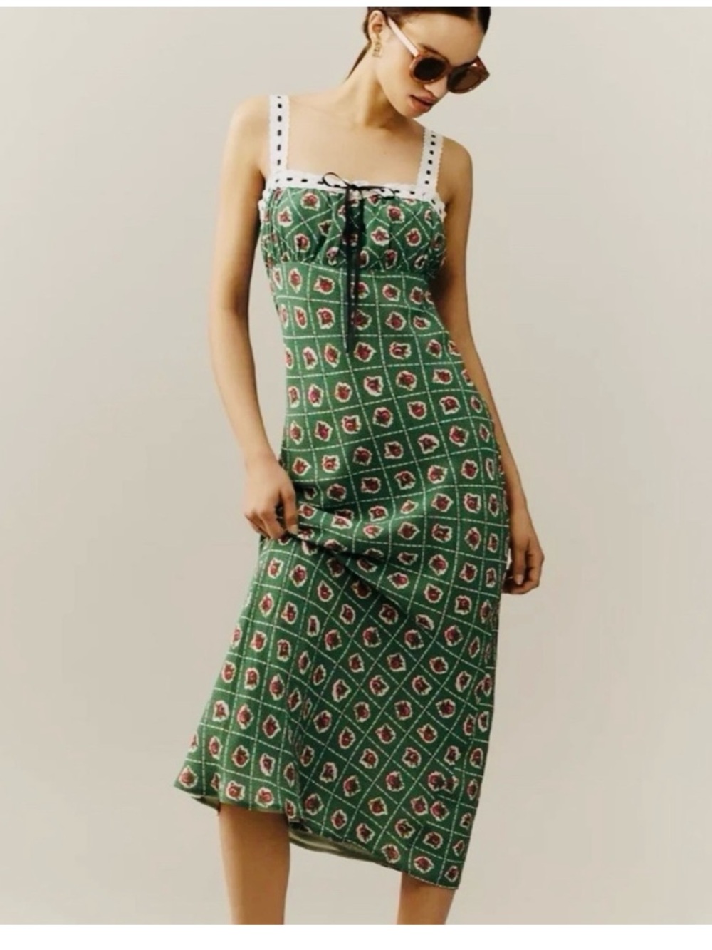 Wayf Sleeveless Midi Dress Square Neck Lacy Straps Magnolia Green Scarf Size L